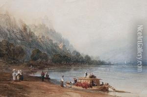 Figures And Boats In An Italian Bay Oil Painting - William Collingwood Smith