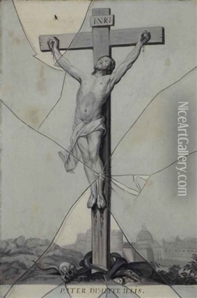 Crucifixion: Trompe-l'oeil De Gravure Oil Painting - Gabriel (Gaspard) Gresly