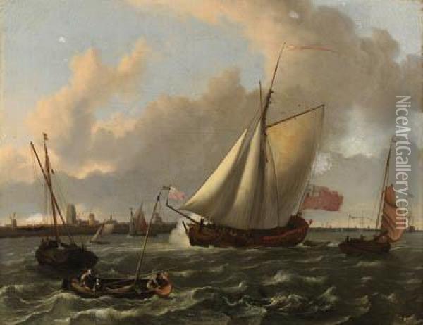 A British Sloop And Other Shipping In A Stiff Breeze On The Maas Bydordrecht Oil Painting - Ludolf Backhuysen