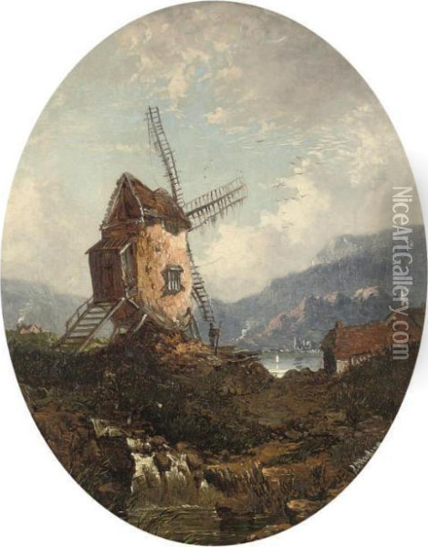 A Windmill Beside A Lake, In A Painted Oval Oil Painting - James Duffield Harding