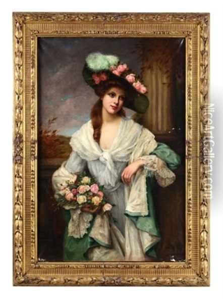 Portrait De Jeune Femme Aux Roses Oil Painting - Francois Martin-Kavel