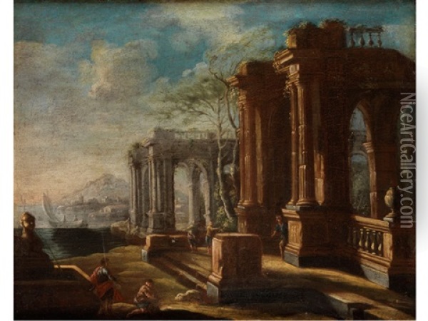 Landschaft Mit Ruinen Und Staffagefiguren Oil Painting - Giovanni Battista Cimaroli