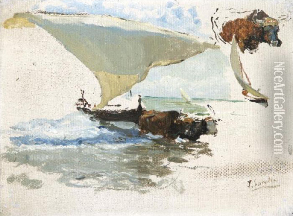 Bueyes Sacando La Barca. Estudio
 Para 'la Vuelta De La Pesca' (beaching The Boat, Study For 'la Vuelta 
De La Pesca') Oil Painting - Joaquin Sorolla Y Bastida