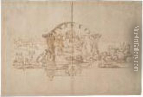 Design For A Wall Decoration 
Above A Door With Signs Of The Zodiacand A Woman Crowning A Lion Oil Painting - Charles Lebrun