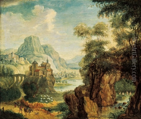 Gebirgige Flusslandschaft Mit Einer Burg Und Figuren Oil Painting - Friedrich Philip Reinhold