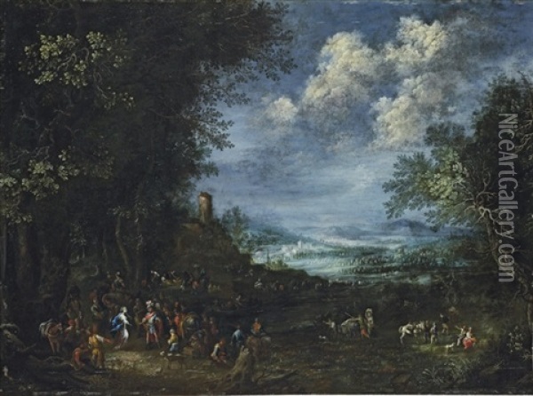 An Extensive, Wooded River Landscape, With David And Abigail Oil Painting - Johannes Jakob Hartmann