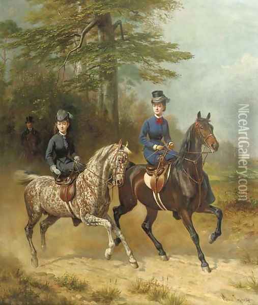 Reiterbild elegant ladies on horseback Oil Painting - Conrad Freyberg