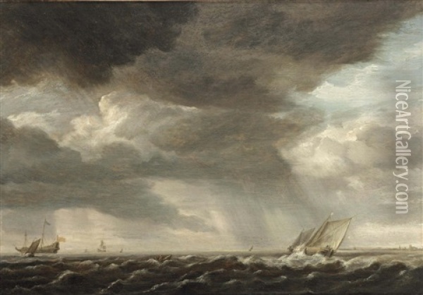 A Two-master And Smaller Sailing Vessels In Rough Waters Oil Painting - Pieter Mulier the Elder
