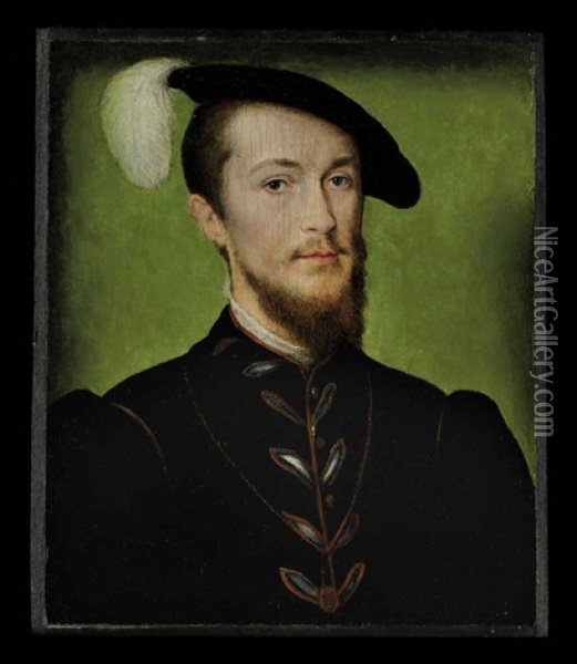 Portrait Of The Duc D'etampes In A Black Tunic With A Gold Chain, White Collar And Plumbed Black Hat Oil Painting -  Corneille de Lyon