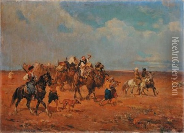 Paesaggo Con Beduini (trittico) Oil Painting - Alfredo Vaccari