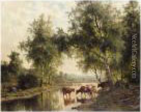 Cows Watering Oil Painting - Edvard Bergh