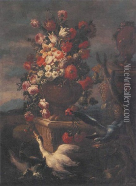 Roses, Carnations, Tulips And Other Flowers In A Sculpted Urn On A Stone Ledge, A Landscape Beyond Oil Painting - Nicola Casissa