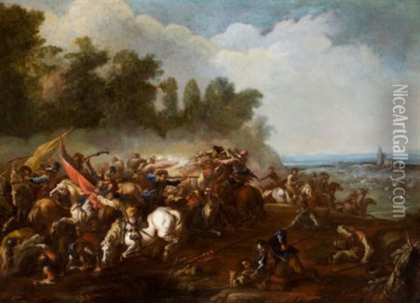 Cavalry Skirmish In An Extensive Landscape With Village In The Distance Oil Painting - Adam Frans van der Meulen