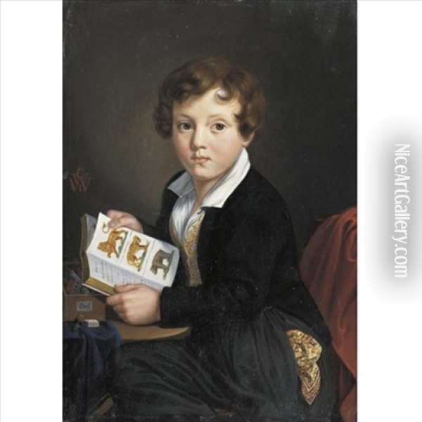 Portrait Of A Young Boy Reading A Book Oil Painting - Georg Wilhelm Wanderer