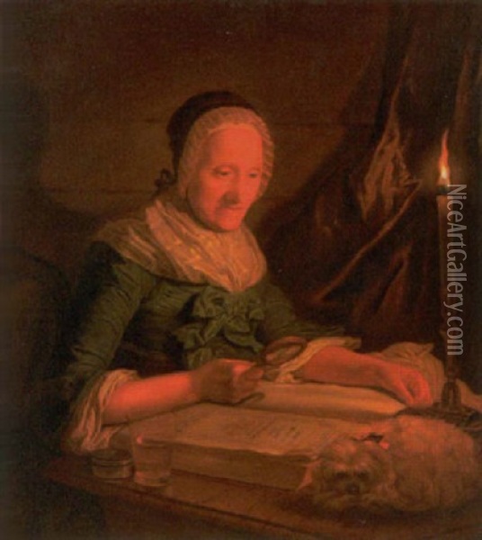 Bildnis Einer Alteren Dame Bei Der Bibellekture Im Kerzenschein Oil Painting - Georges David Mathieu