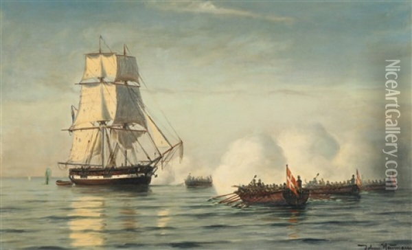 Battle Scenery Between Danish Canonboats An An English Brig Between 1807-1814 Oil Painting - Johan Jens Neumann