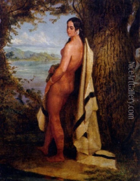 Stehender Akt Einer Indianerin, Malerisch An Baum Lehnend, Mit Blick Auf Fluslandschaft Oil Painting - Friedrich (Rudolf Fr.) Kurz