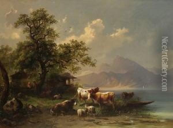 Viehherde Am Ufer Eines
 Gebirgssees. Oil Painting - Carl I Schweninger