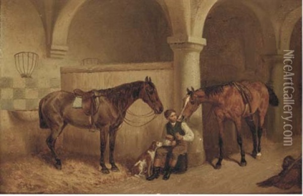 A Huntsman In A Stable Oil Painting - Heinrich Lang