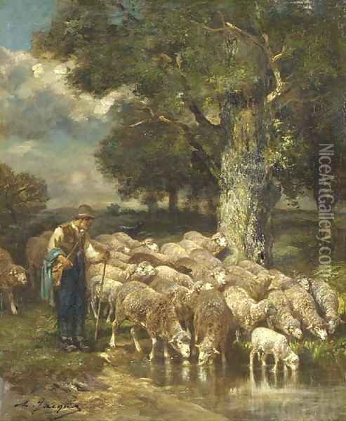 Un berger avec son troupeau Oil Painting - Charles Emile Jacque