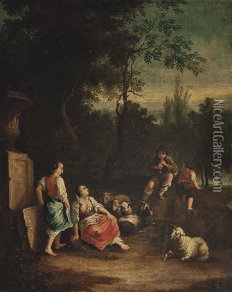 An Wooded Landscape With A Shepherd And His Flock Conversing By A Stone Urn Oil Painting - Francesco Londonio