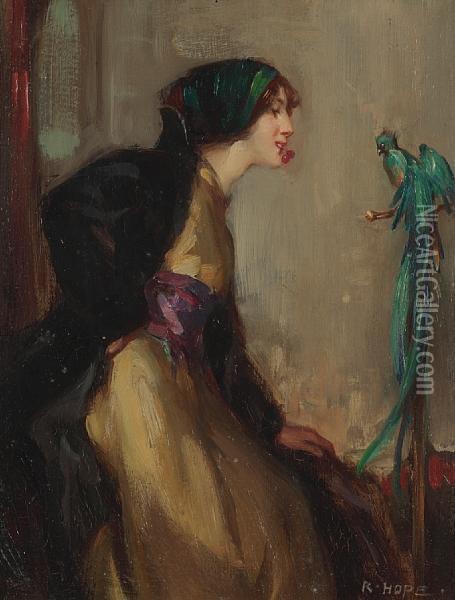 Lady With An Exotic Bird Oil Painting - Robert Hope