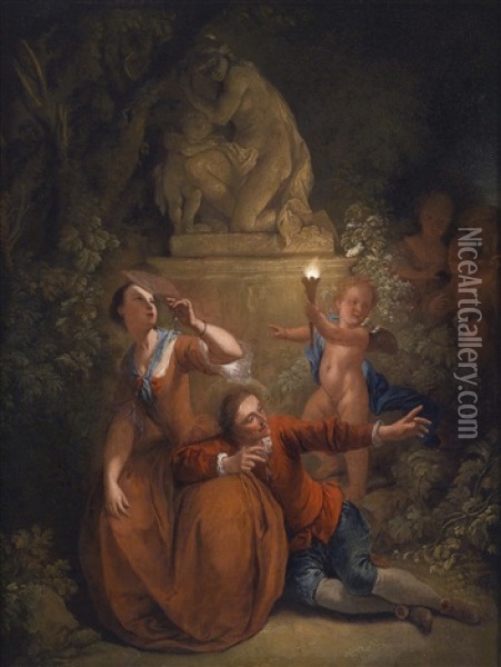 Eine Nachtliche Galante Szene, Von Amor Mit Einer Fackel Beleuchtet Oil Painting - Christian Wilhelm Ernst Dietrich
