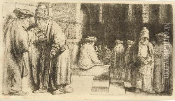 Jews In The Synagogue (b., Holl. 126; H. 234) Oil Painting - Rembrandt Van Rijn