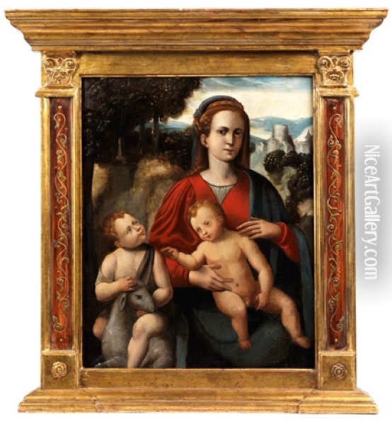 Madonna Mit Dem Kind Und Dem Johannesknaben In Landschaft Oil Painting - Pier Antonio Palmerini