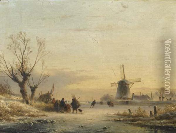 Numerous Figures And A Koek En Zopie On The Ice Oil Painting - Lodewijk Johannes Kleijn