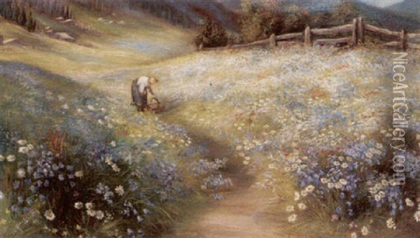 Gathering Alpine Flowers Oil Painting - John MacWhirter