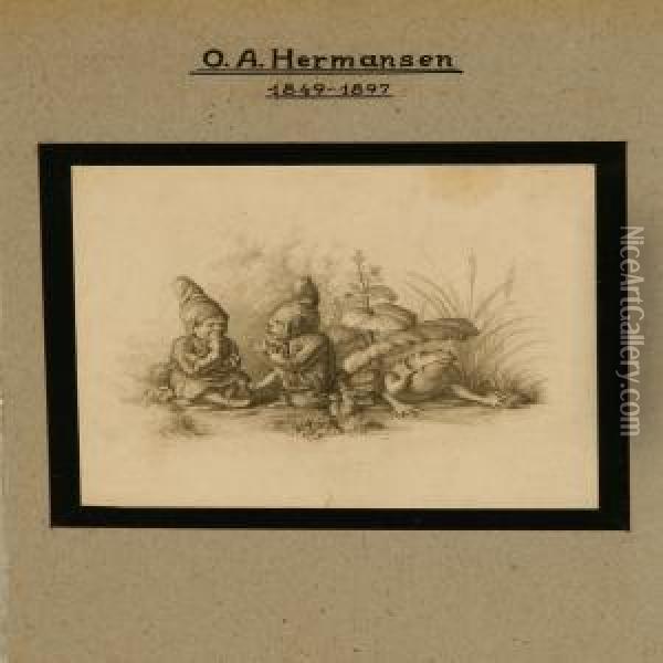 Three Scenes With Elfs, Animals And A Battle Scene Oil Painting - Olaf August Hermansen
