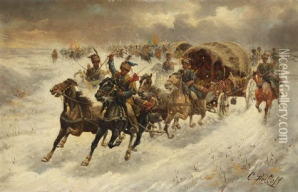 Kosakischer Reiterzug Im Winter (pair) Oil Painting - Adolf (Constantin) Baumgartner-Stoiloff