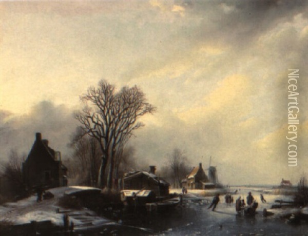 A Winter Landscape With Figures And A Sledge On A Frozen River Oil Painting - Johann Bernard Klombeck