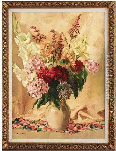 Depicting Flowers In A White Vase Oil Painting - T.A . Clarke