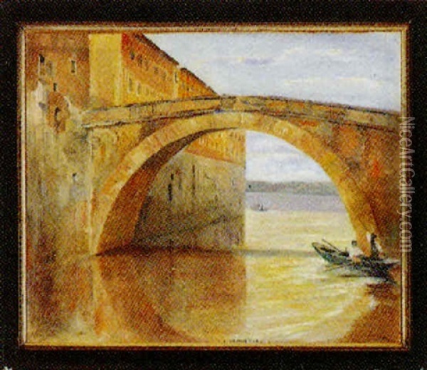 Italiensk Kanalparti, Antagelig Broen Over Kanalen I Terracina Oil Painting - Johan Rohde