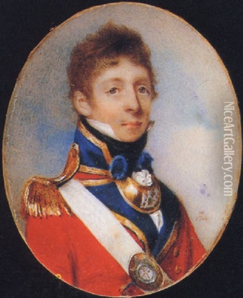 The Honorable William-gorges Crofton Of The Coldstream Guards, In Scarlet Coat With Blue Facings, White Shoulder Belt With Regimental Belt-plate Oil Painting - Horace Hone