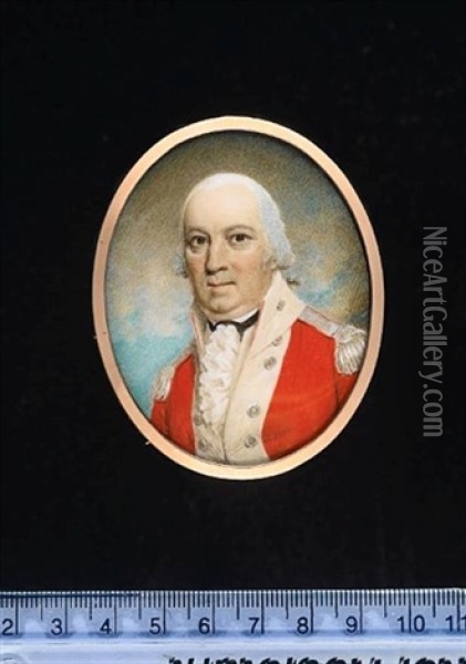 A Field Officer Wearing Scarlet Coatee With White Facings, Silver Buttons Matching Epaulettes, White Waistcoat Frilled Chemise And Black Solitaire Oil Painting - Samuel Shelley