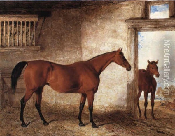 A Bay Mare With Her Foal In A Stable Oil Painting - Benjamin Marshall