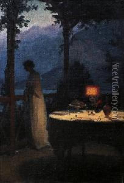 Table Dressee Sur La Terrasse Devant Le Lac Oil Painting - Marcel Rieder