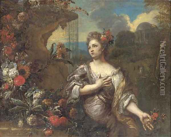A portrait of a lady, three-quarter-length, with a flower in her left hand, a garland of flowers to her right and a classical landscape beyond Oil Painting - Gaspar-pieter The Younger Verbruggen