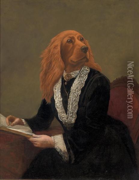 An Anthropomorphic Red Setter, Seated In A Black Dress With Lacecollar And Cuffs Oil Painting - Cassius Marcellus Coolidge