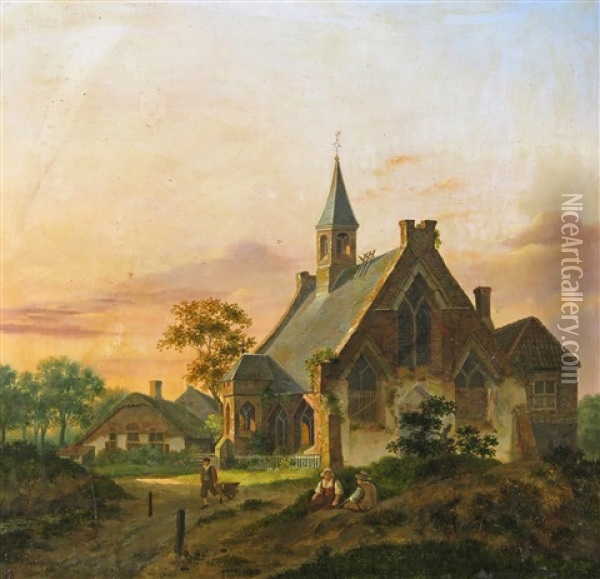 Workmen By A Country Church Oil Painting - Jan Hendrik Verheyen