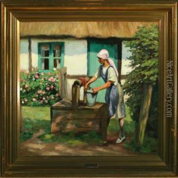 Girl Fetching Water On A Summerday Oil Painting - Emil Axel Krause