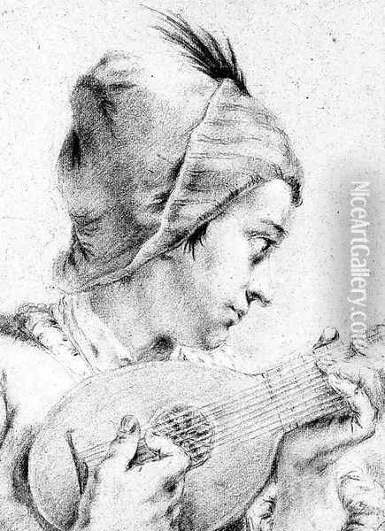 A boy in a feathered hat, playing a mandolin, bust length Oil Painting - Giovanni Battista Piazzetta