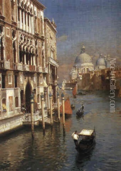 On The Grand Canal With Saint Maria Della Salute In Background, Venice Oil Painting - Rubens Santoro