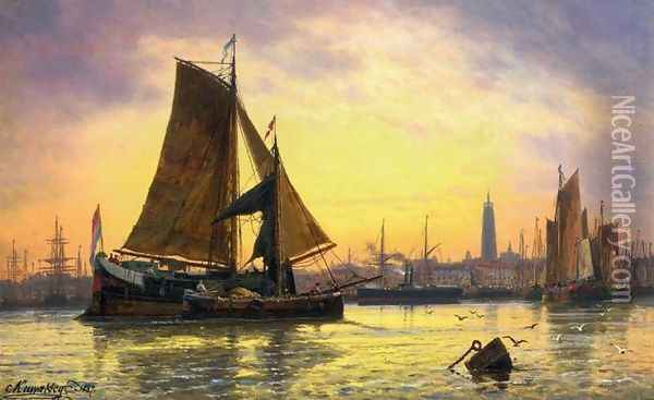 Barges Docking at a Harbour, Antwerp Oil Painting - Charles Euphraisie Kuwasseg