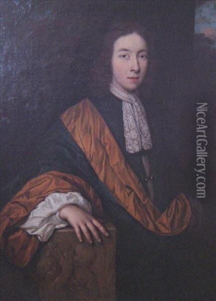 Portrait Of Agentleman, Three Quarter Length, Wearing Blue And Gold Robes Oil Painting - Sir Godfrey Kneller