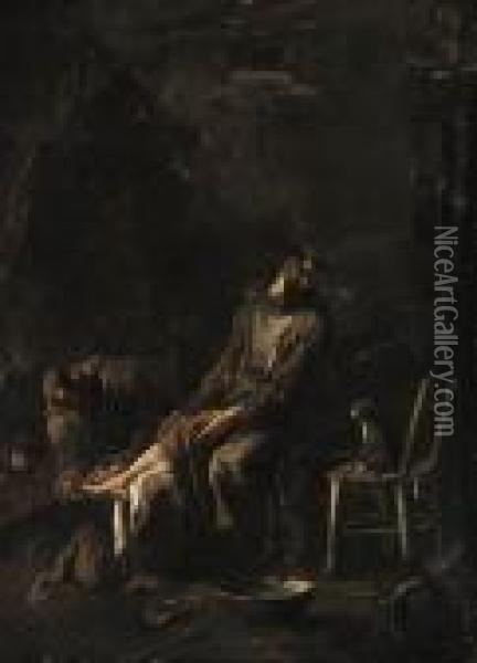 A Capuchin Friar Tending A Companion's Foot By A Fire Oil Painting - Alessandro Magnasco