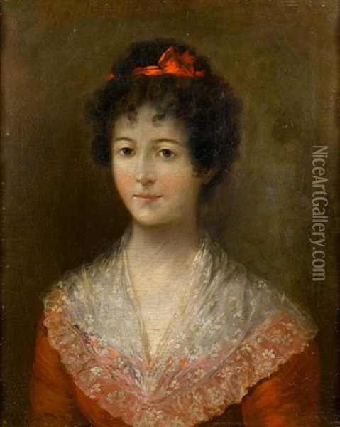 Portrait Of A Lady, Half-length, In A Red Dress, With A Lace Shawl And A Red Ribbon In Her Hair Oil Painting - Agustin Esteve Y Marques